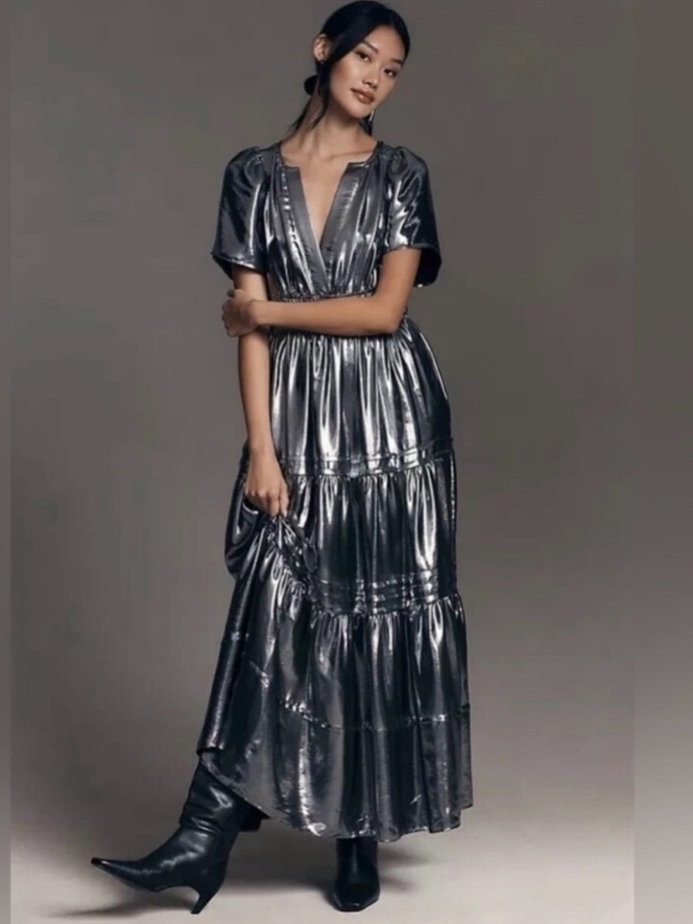 Anthropologie Metallic Silver Somerset Maxi Dress